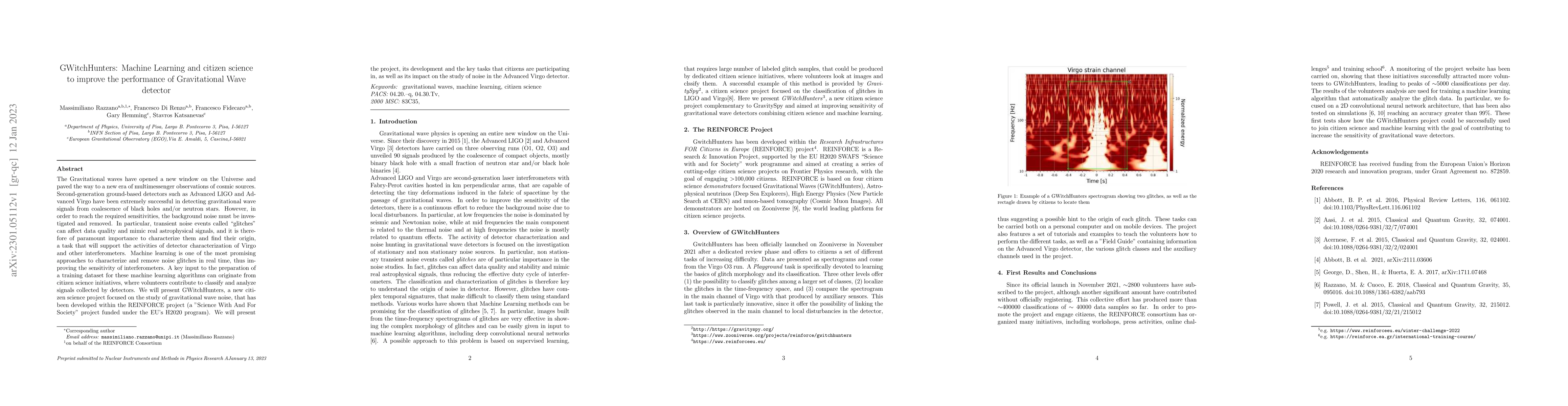 Thumbnail for GWitchHunters: Machine Learning and citizen science to improve the
  performance of Gravitational Wave detector