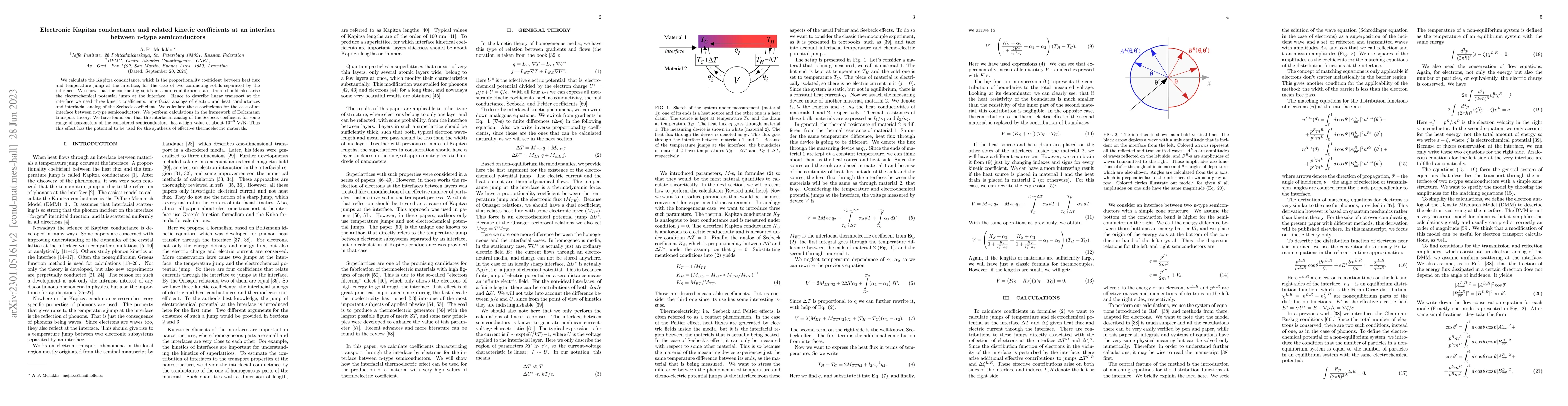Thumbnail for Electronic Kapitza conductance and related kinetic coefficients at an
  interface between n-type semiconductors