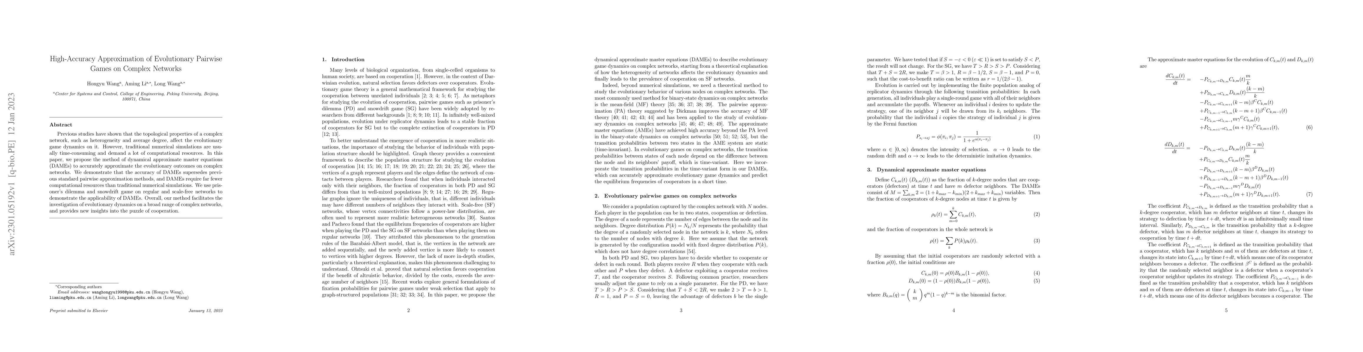 Thumbnail for High-Accuracy Approximation of Evolutionary Pairwise Games on Complex
  Networks