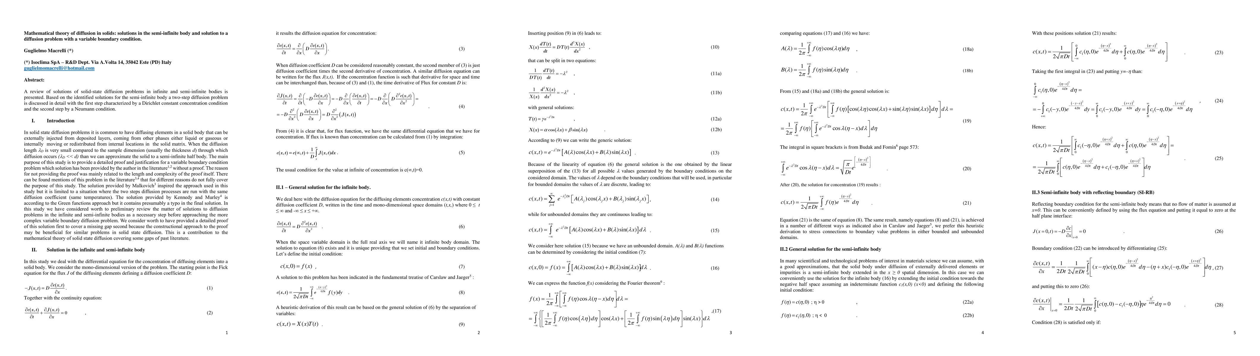 Thumbnail for Mathematical theory of diffusion in solids: solutions in the
  semi-infinite body and solution to a diffusion problem with a variable
  boundary condition