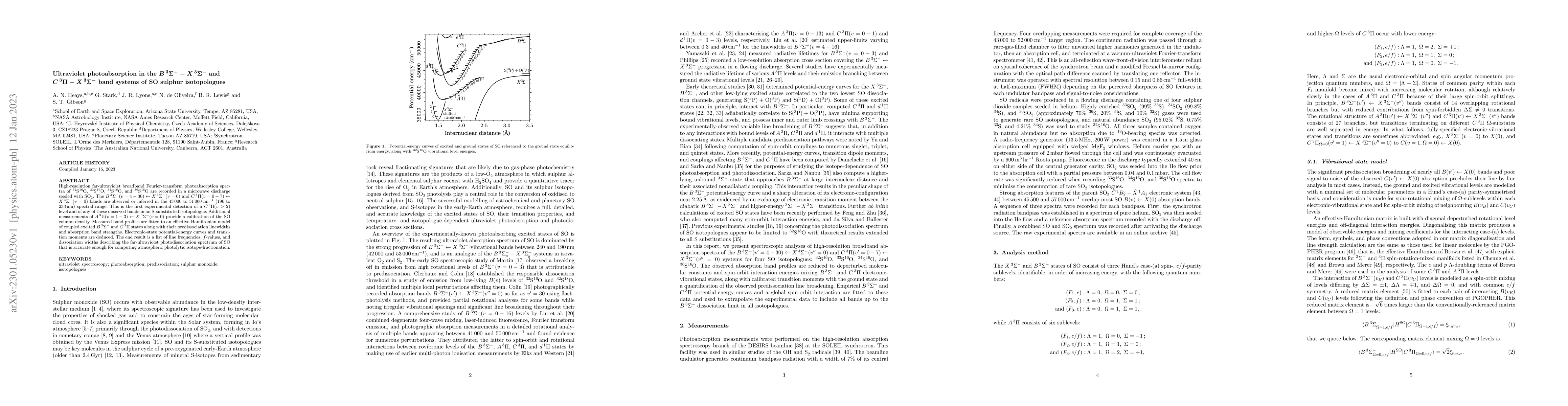 Thumbnail for Ultraviolet photoabsorption in the $B\,{}^3{\Sigma}^- -
  X\,{}^3{\Sigma}^-$ and $C\,{}^3{\Pi} - X\,{}^3{\Sigma}^-$ band systems of SO
  sulphur isotopologues
