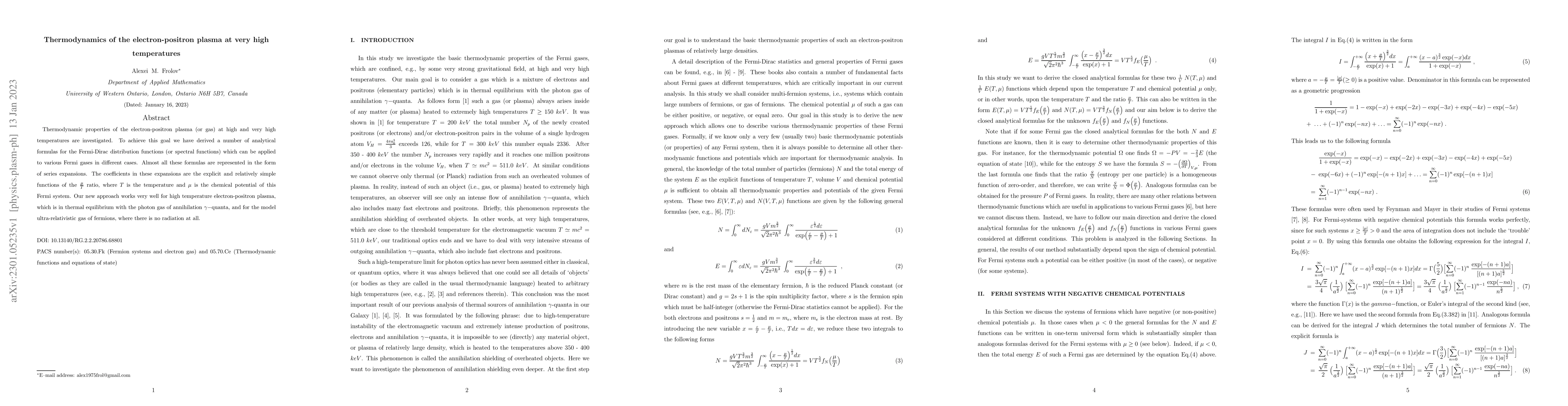 Thumbnail for Thermodynamics of the electron-positron plasma at very high temperatures