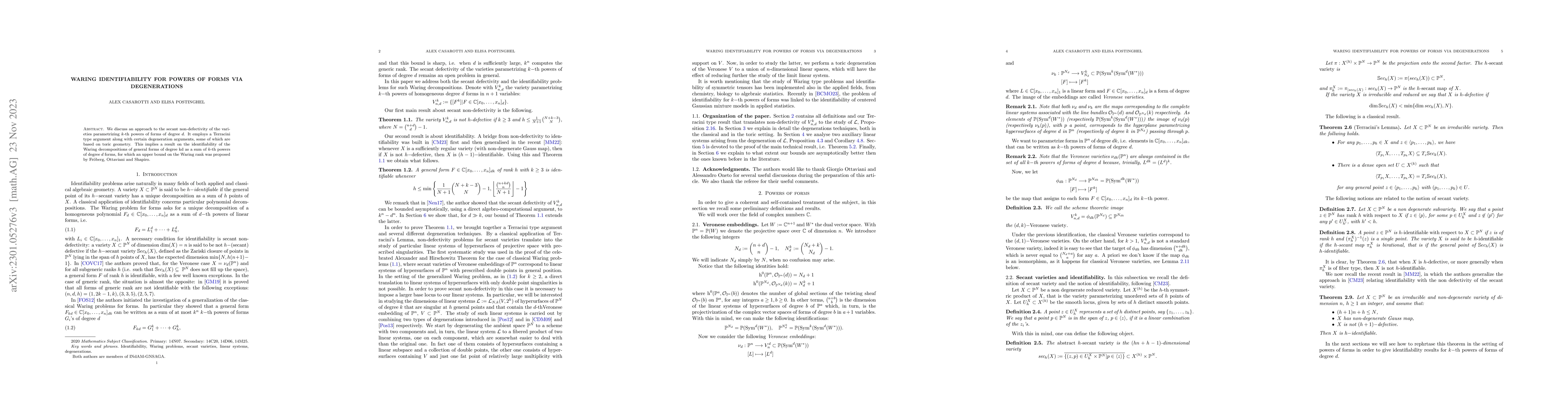 Thumbnail for Waring identifiability for powers of forms via degenerations