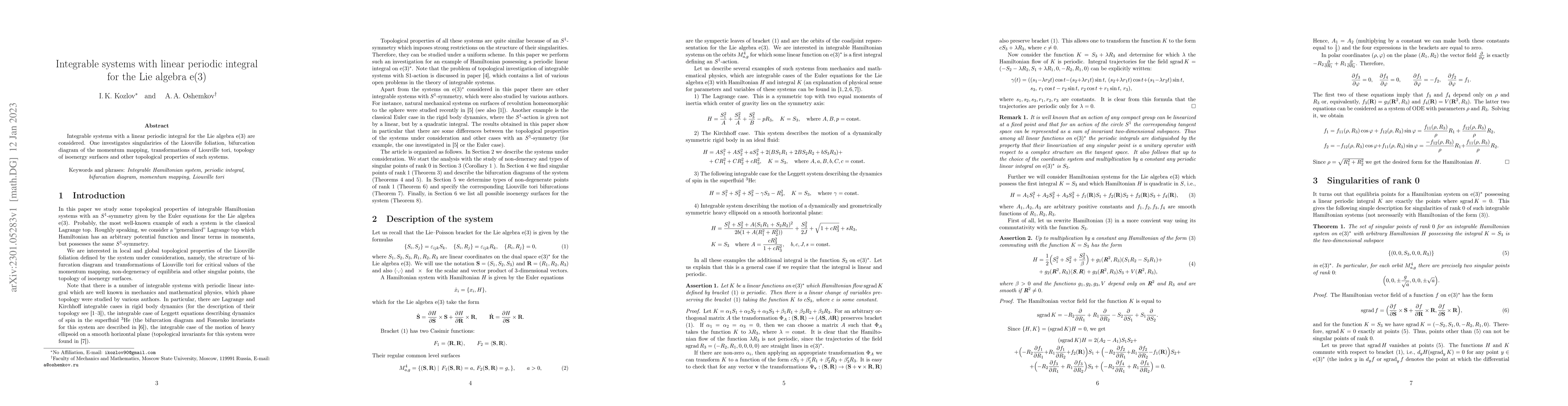 Thumbnail for Integrable systems with linear periodic integral for the Lie algebra
  $\mathrm{e}(3)$