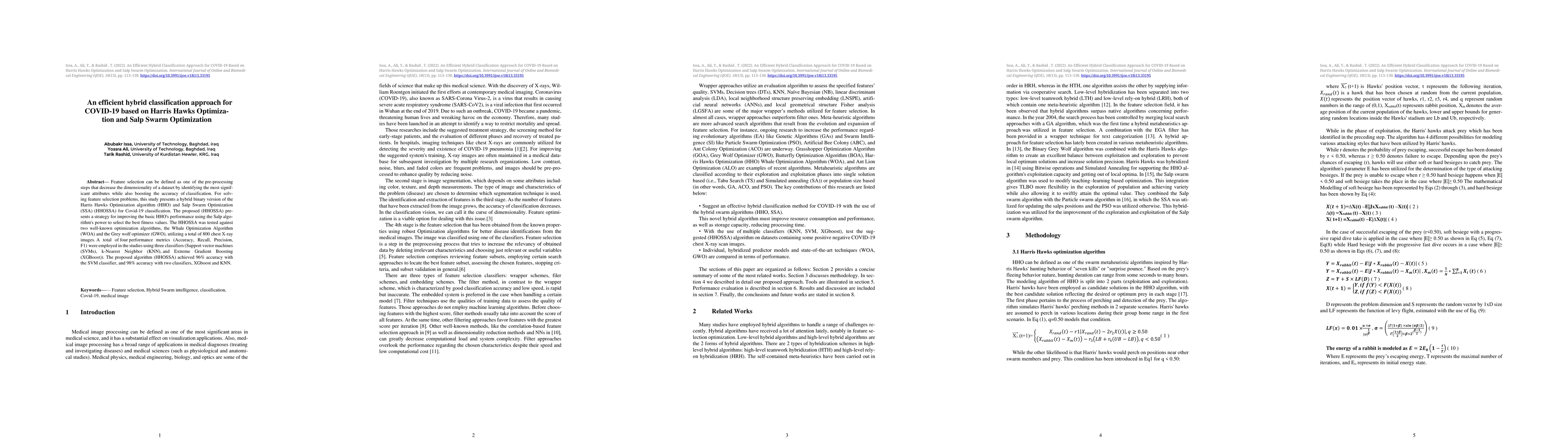 Thumbnail for An efficient hybrid classification approach for COVID-19 based on Harris
  Hawks Optimization and Salp Swarm Optimization
