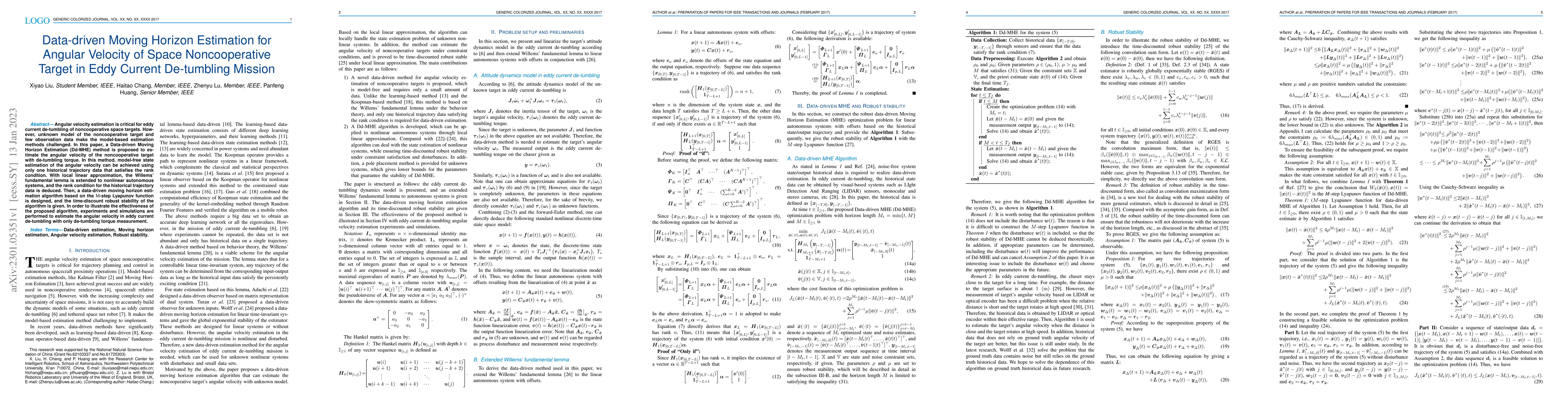Thumbnail for Data-driven Moving Horizon Estimation for Angular Velocity of Space
  Noncooperative Target in Eddy Current De-tumbling Mission
