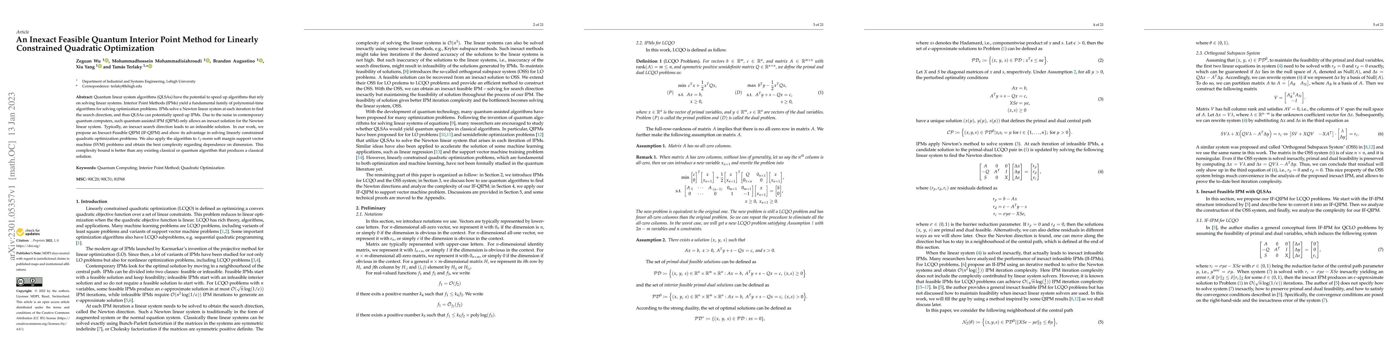 Thumbnail for An Inexact Feasible Quantum Interior Point Method for Linearly
  Constrained Quadratic Optimization