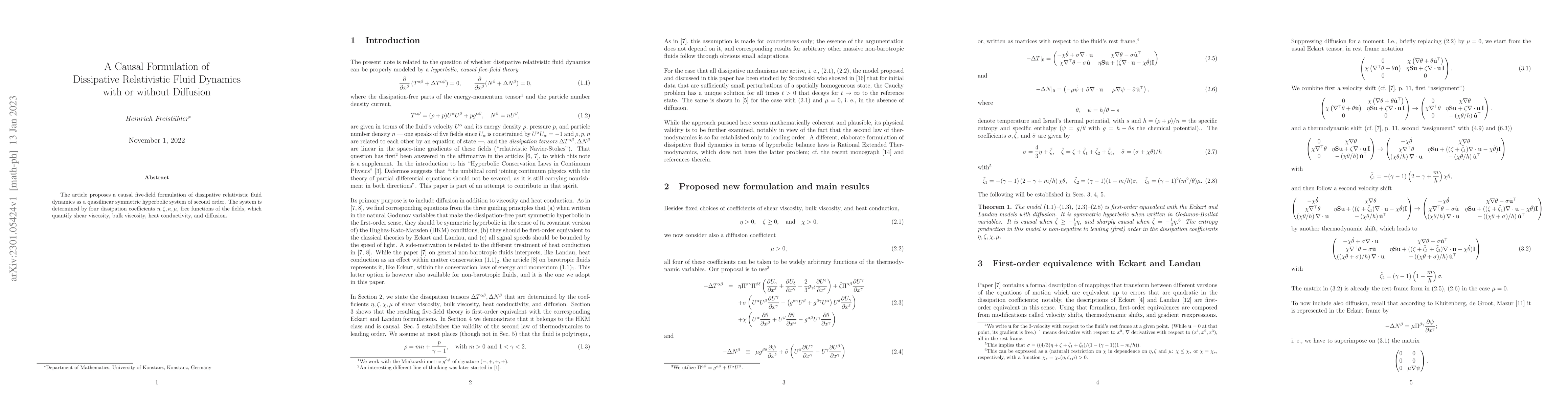 Thumbnail for A Causal Formulation of Dissipative Relativistic Fluid Dynamics with or
  without Diffusion