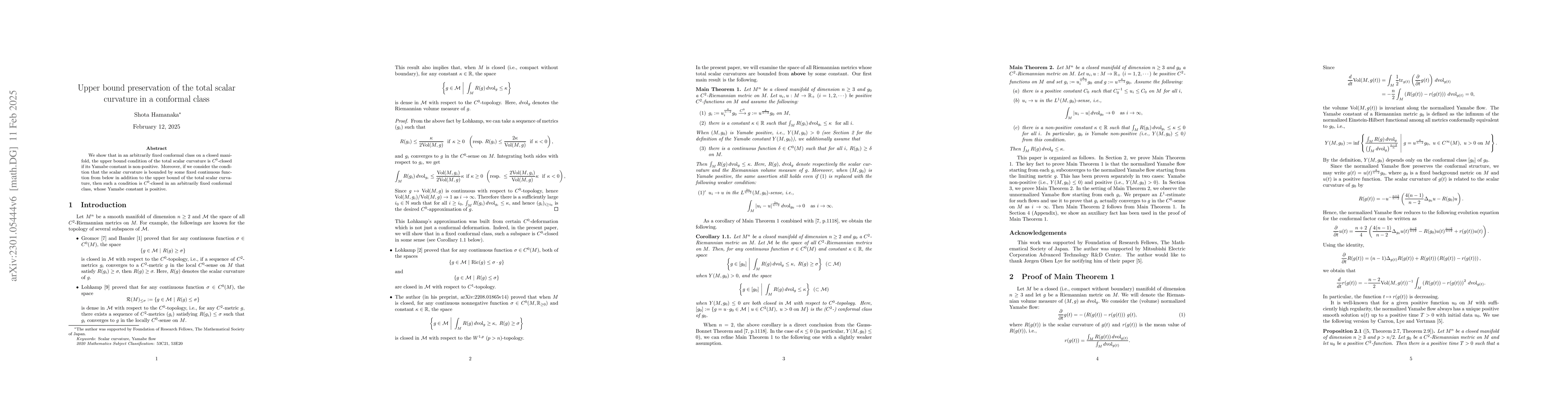 Thumbnail for Upper bound preservation of the total scalar curvature in a conformal
  class