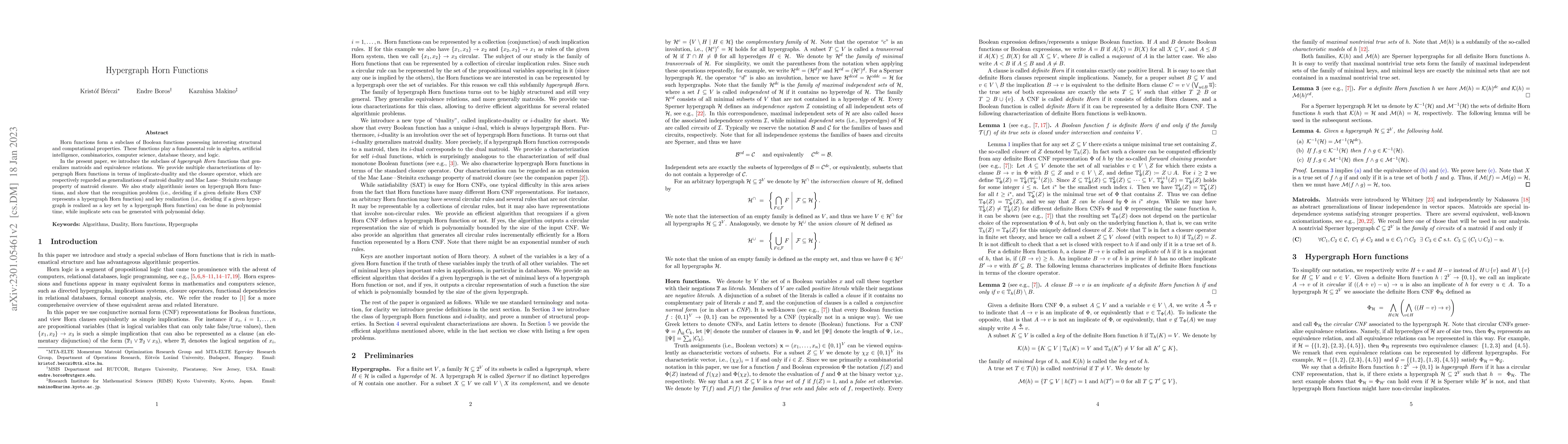 Thumbnail for Hypergraph Horn functions