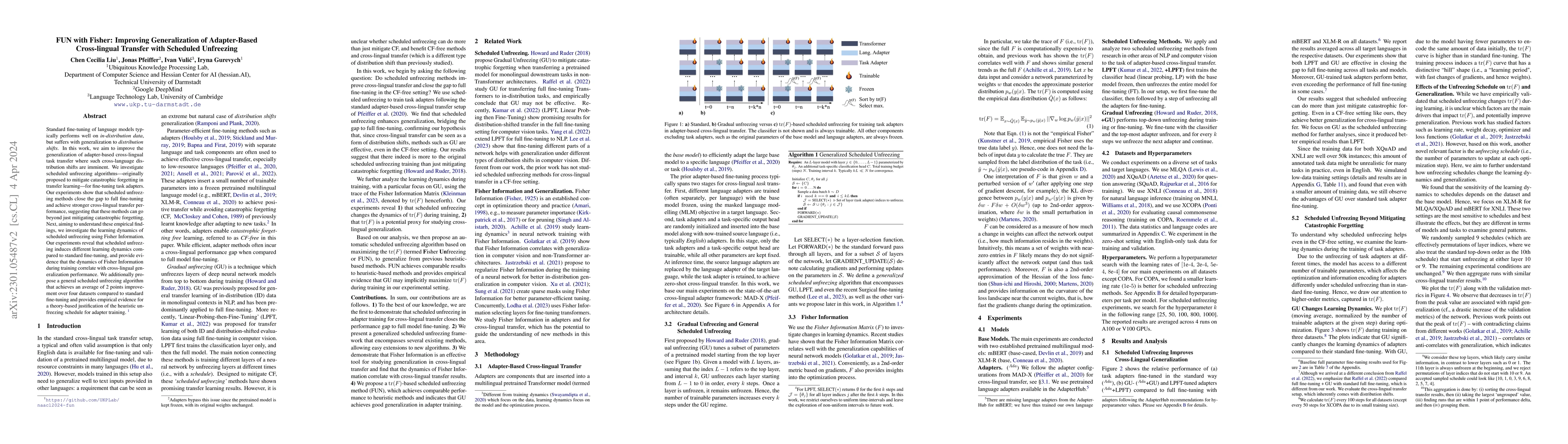 Thumbnail for FUN with Fisher: Improving Generalization of Adapter-Based Cross-lingual
  Transfer with Scheduled Unfreezing