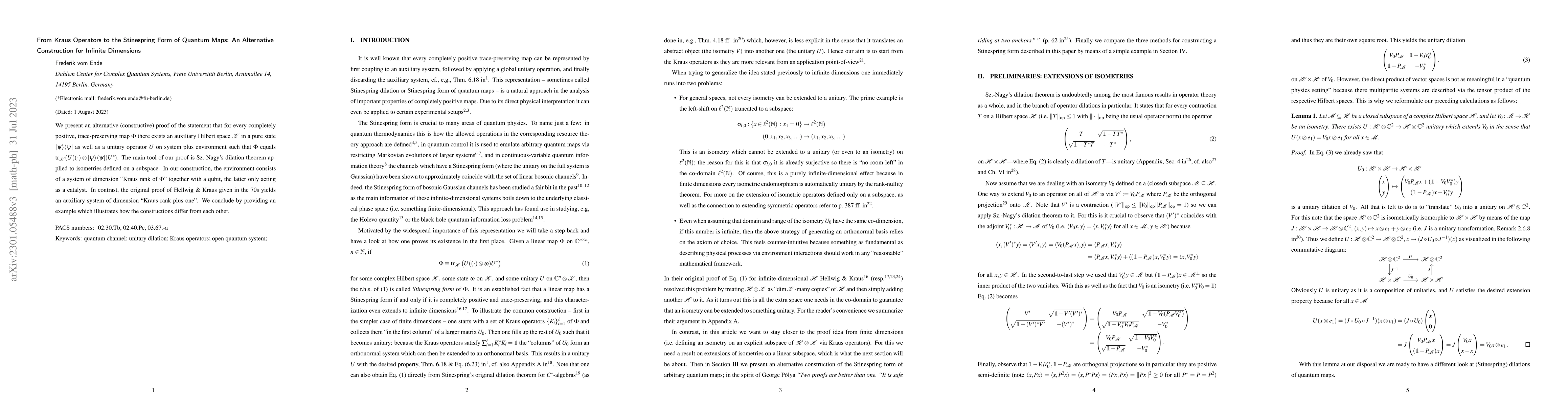 Thumbnail for From Kraus Operators to the Stinespring Form of Quantum Maps: An
  Alternative Construction for Infinite Dimensions