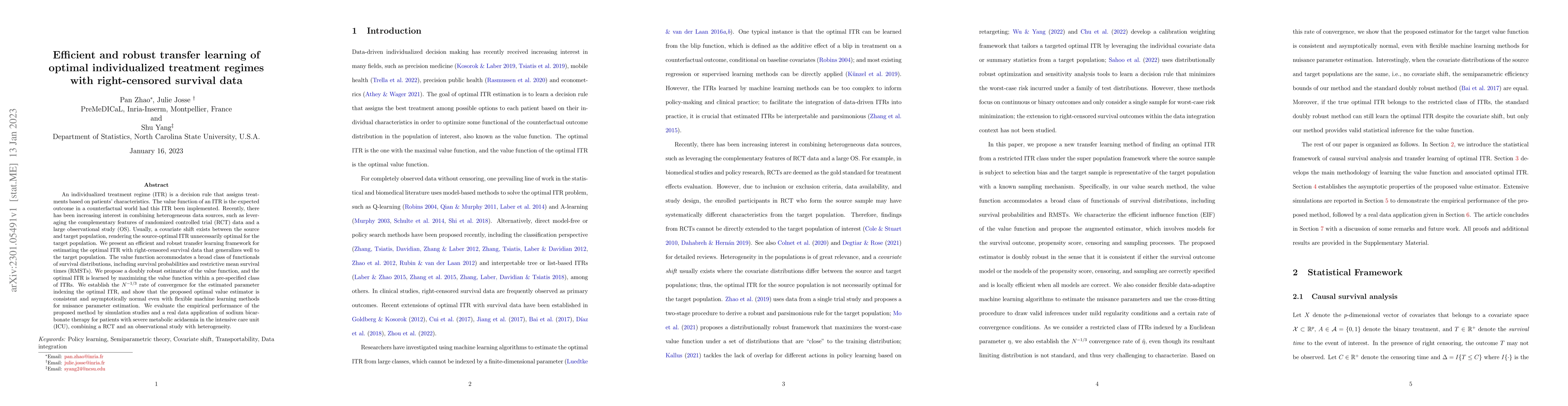 Thumbnail for Efficient and robust transfer learning of optimal individualized
  treatment regimes with right-censored survival data