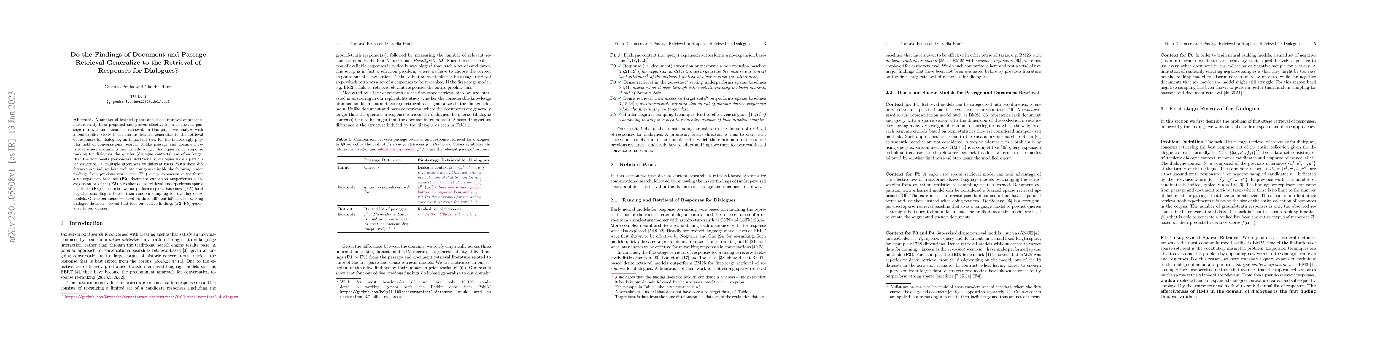 Thumbnail for Do the Findings of Document and Passage Retrieval Generalize to the
  Retrieval of Responses for Dialogues?