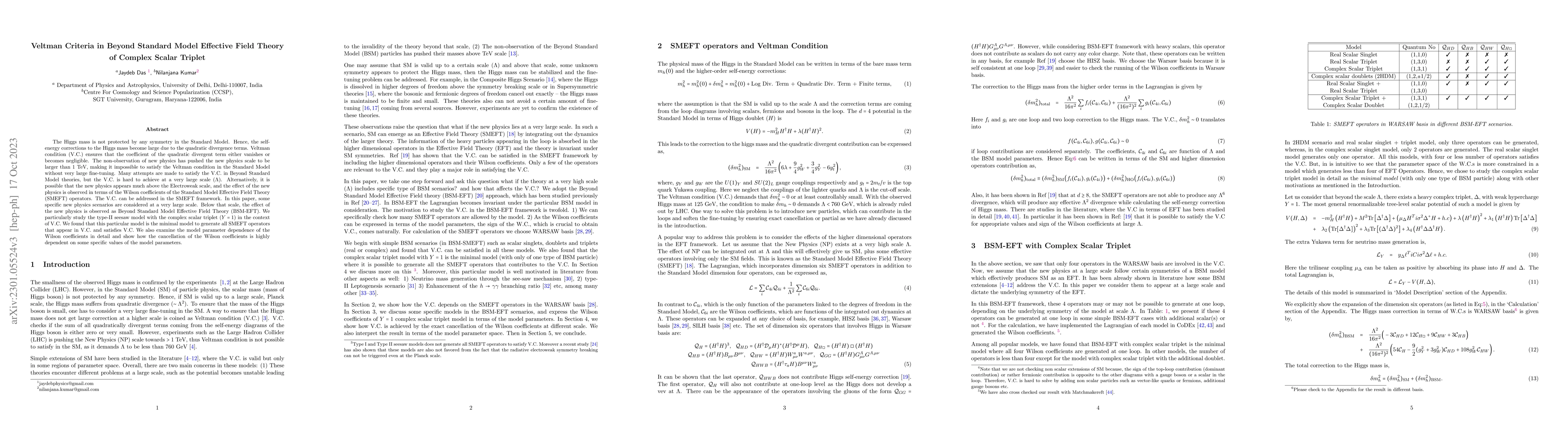 Thumbnail for Veltman Criteria in Beyond Standard Model Effective Field Theory of
  Complex Scalar Triplet