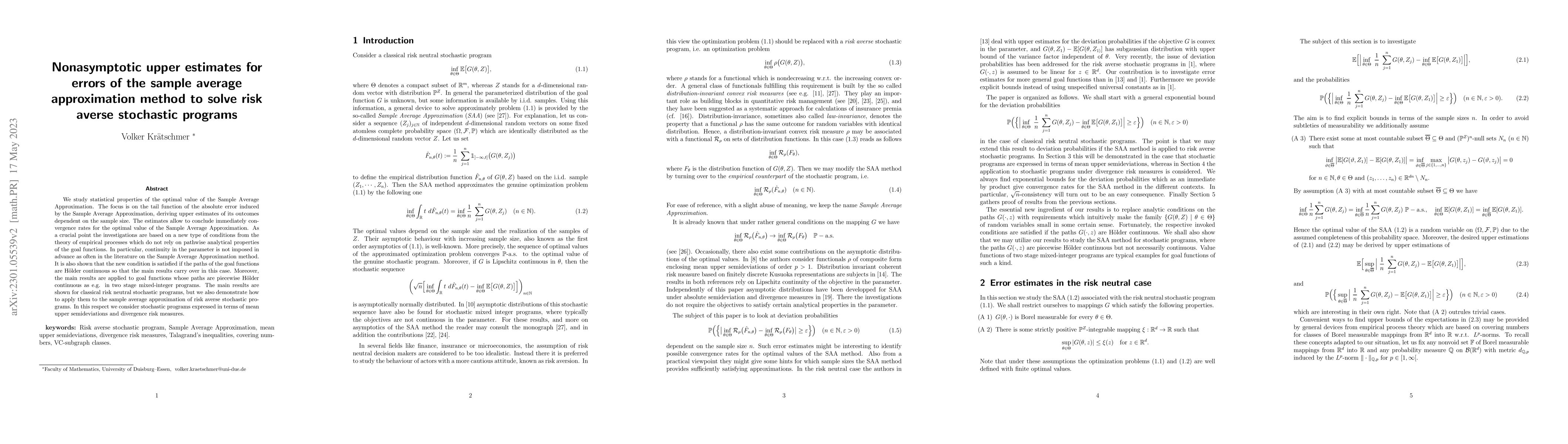 Thumbnail for Nonasymptotic upper estimates for errors of the sample average
  approximation method to solve risk averse stochastic programs