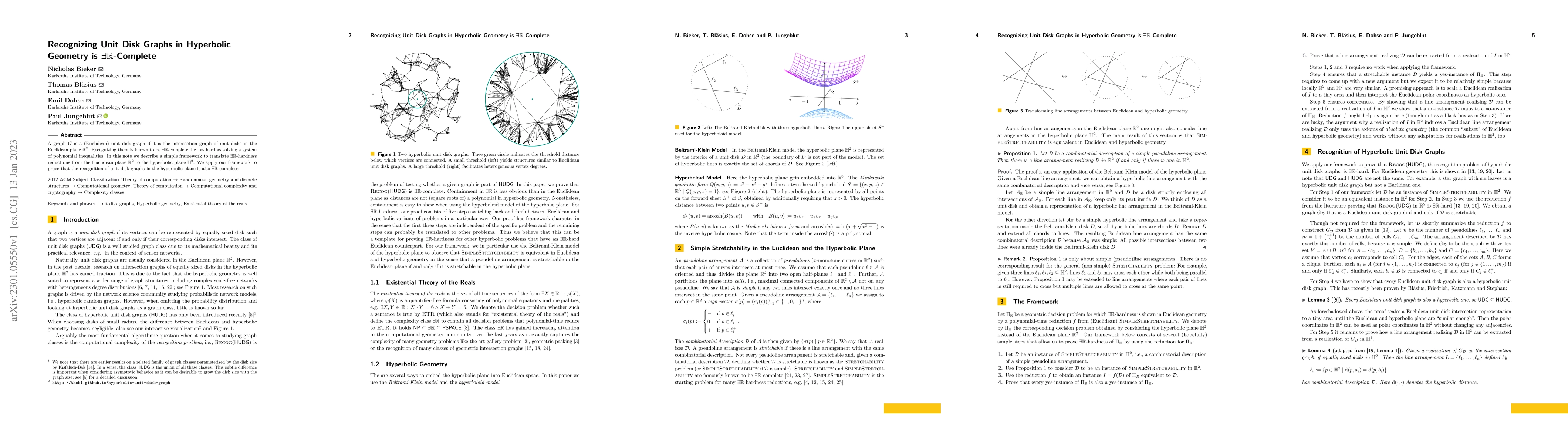 Thumbnail for Recognizing Unit Disk Graphs in Hyperbolic Geometry is
  $\exists\mathbb{R}$-Complete