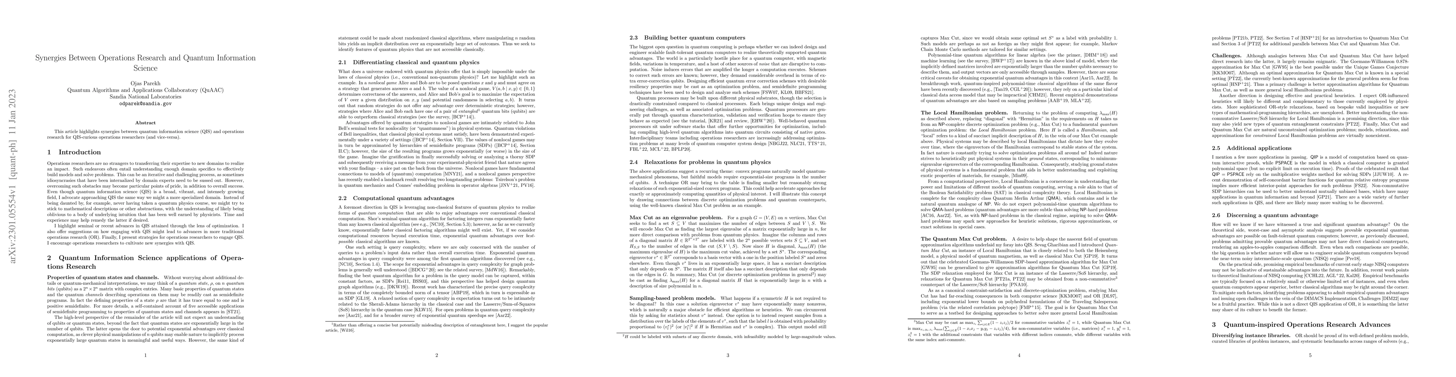 Thumbnail for Synergies Between Operations Research and Quantum Information Science