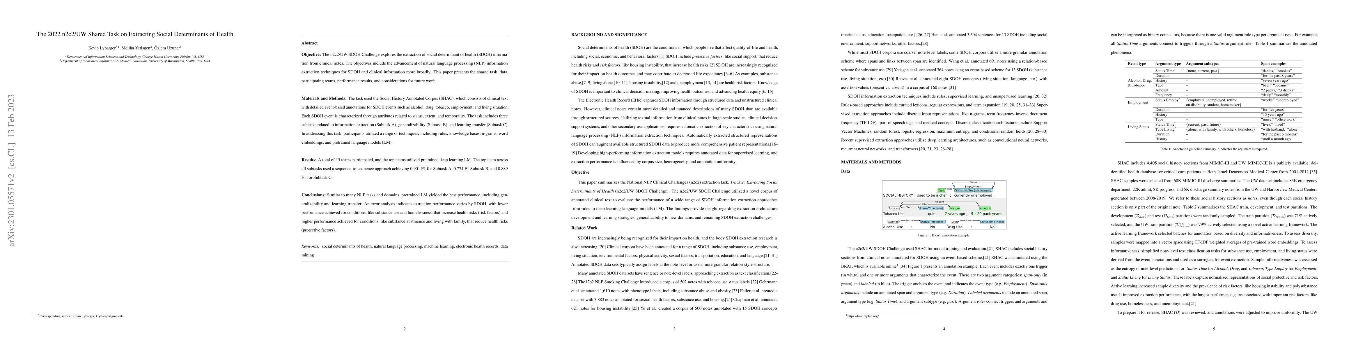 Thumbnail for The 2022 n2c2/UW Shared Task on Extracting Social Determinants of Health
