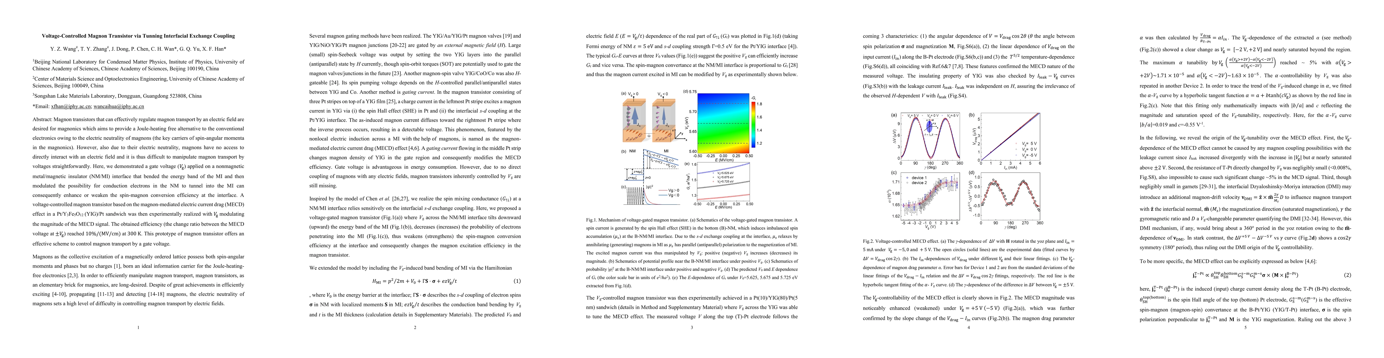 Thumbnail for Voltage-Controlled Magnon Transistor via Tunning Interfacial Exchange
  Coupling