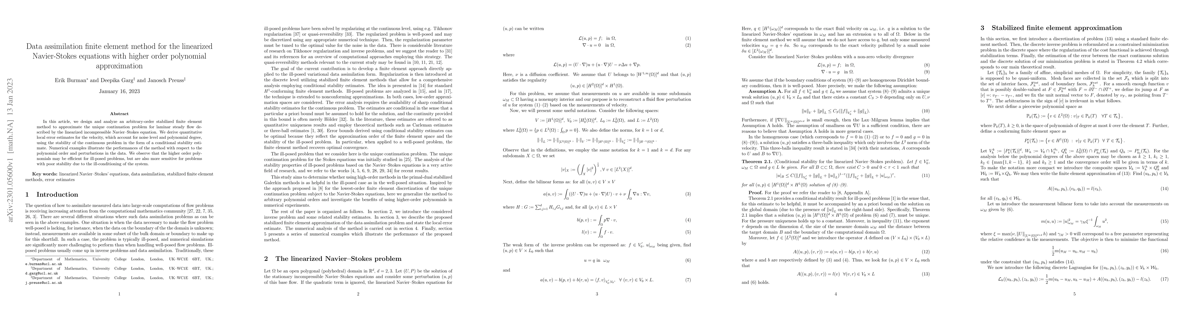 Thumbnail for Data assimilation finite element method for the linearized Navier-Stokes
  equations with higher order polynomial approximation