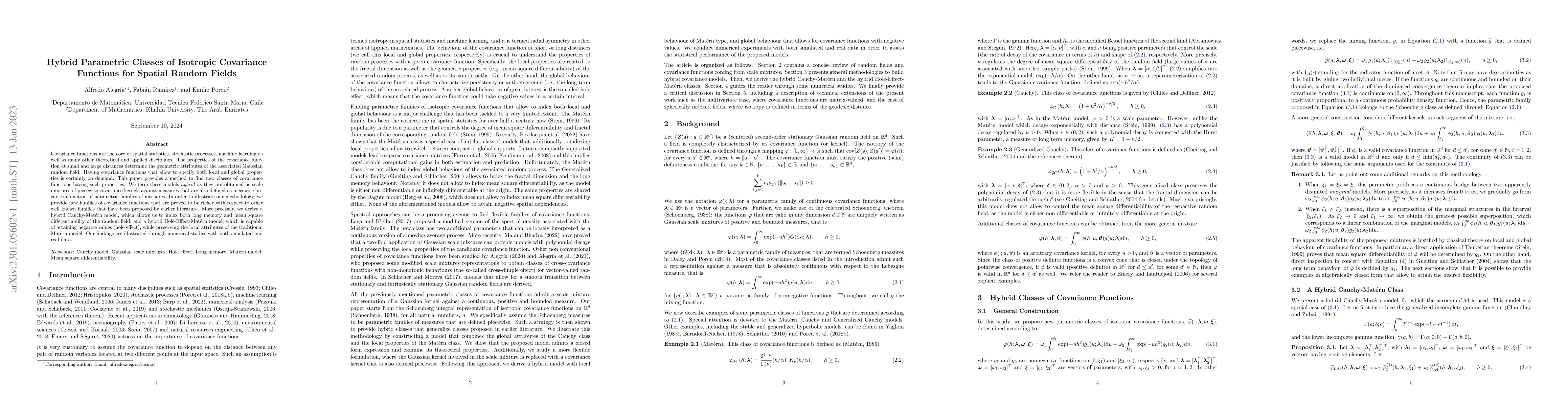 Thumbnail for Hybrid Parametric Classes of Isotropic Covariance Functions for Spatial
  Random Fields