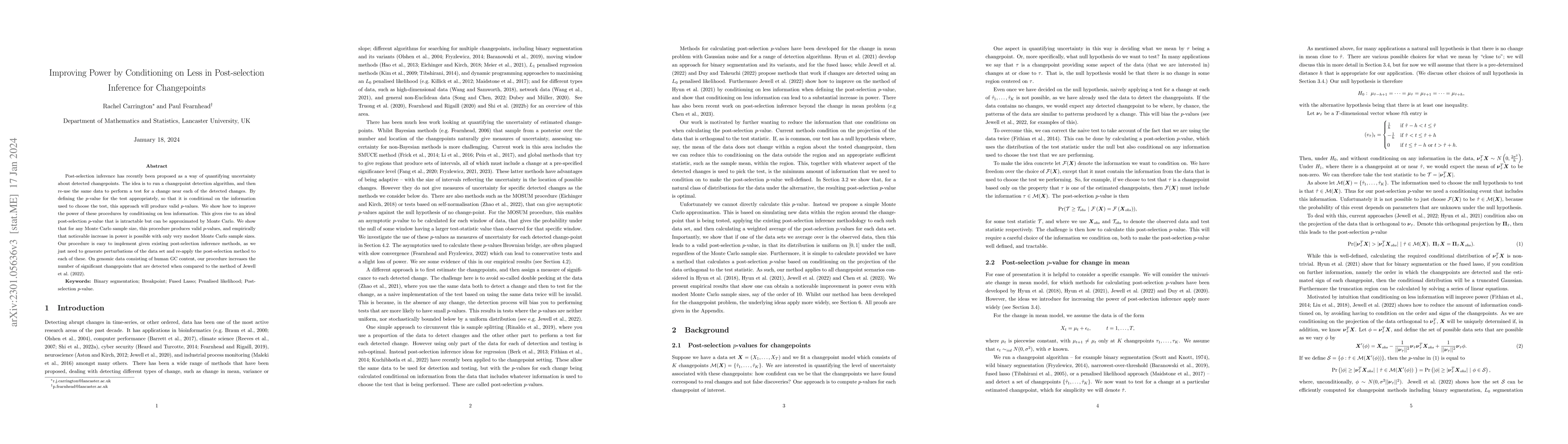 Thumbnail for Improving Power by Conditioning on Less in Post-selection Inference for
  Changepoints