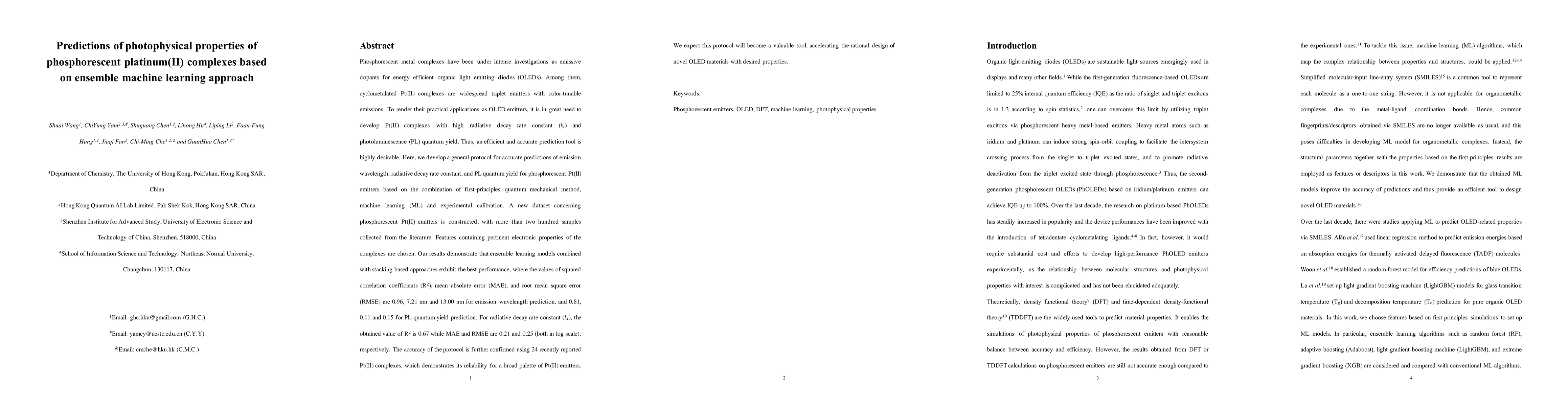 Thumbnail for Predictions of photophysical properties of phosphorescent platinum(II)
  complexes based on ensemble machine learning approach