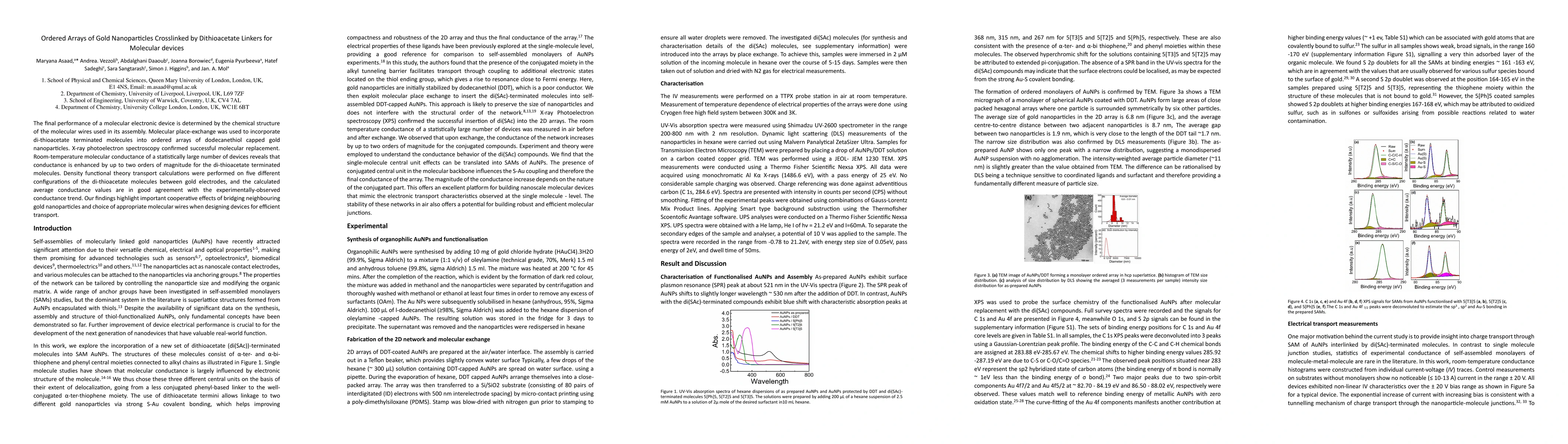 Thumbnail for Ordered Arrays of Gold Nanoparticles Crosslinked by Dithioacetate
  Linkers for Molecular devices
