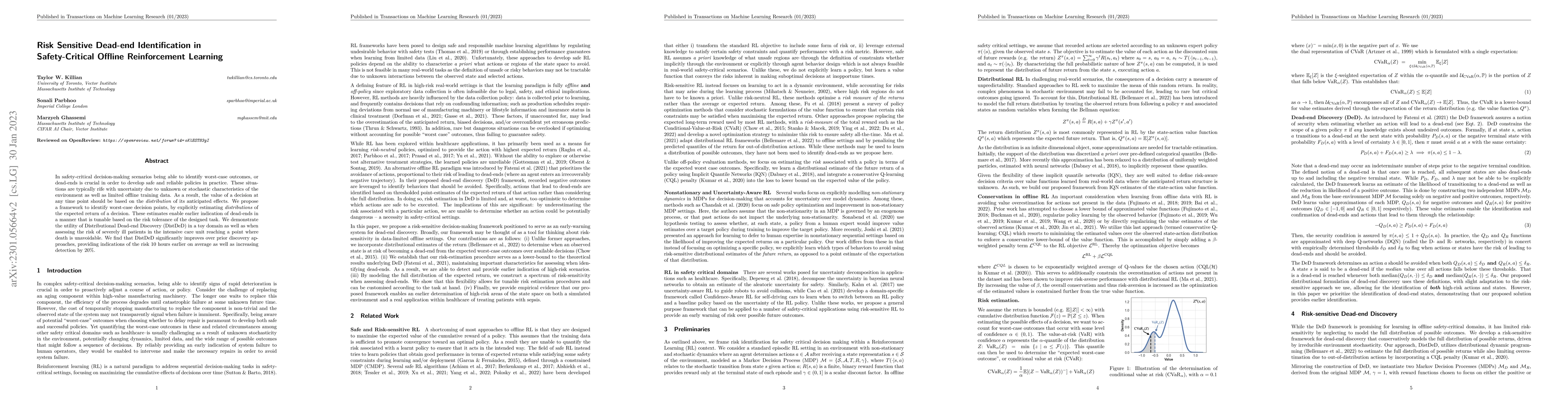 Thumbnail for Risk Sensitive Dead-end Identification in Safety-Critical Offline
  Reinforcement Learning