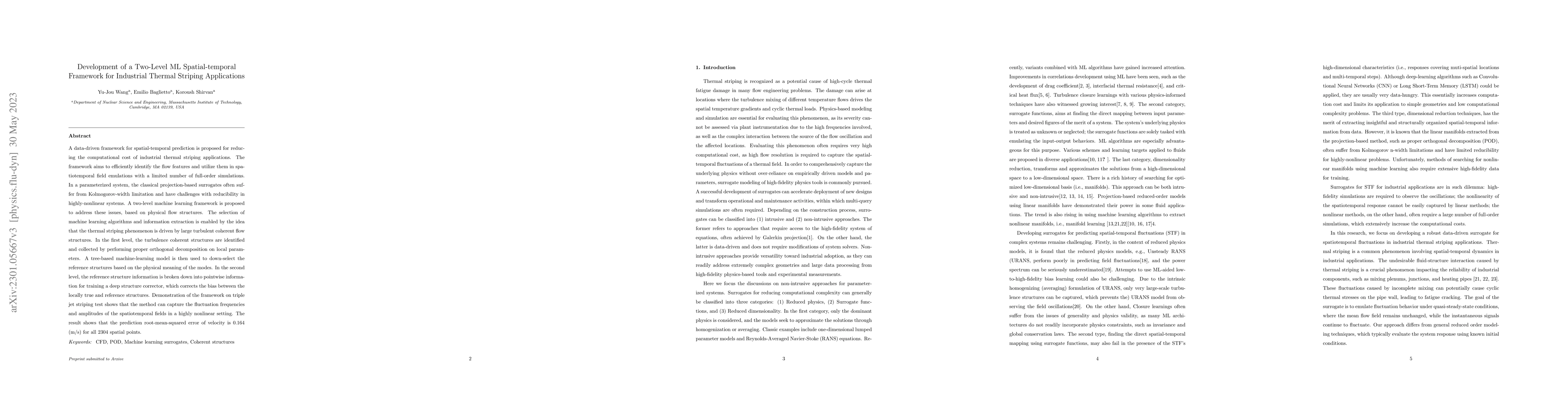 Thumbnail for Development of a Two-Level ML Spatial-temporal Framework for Industrial
  Thermal Striping Applications