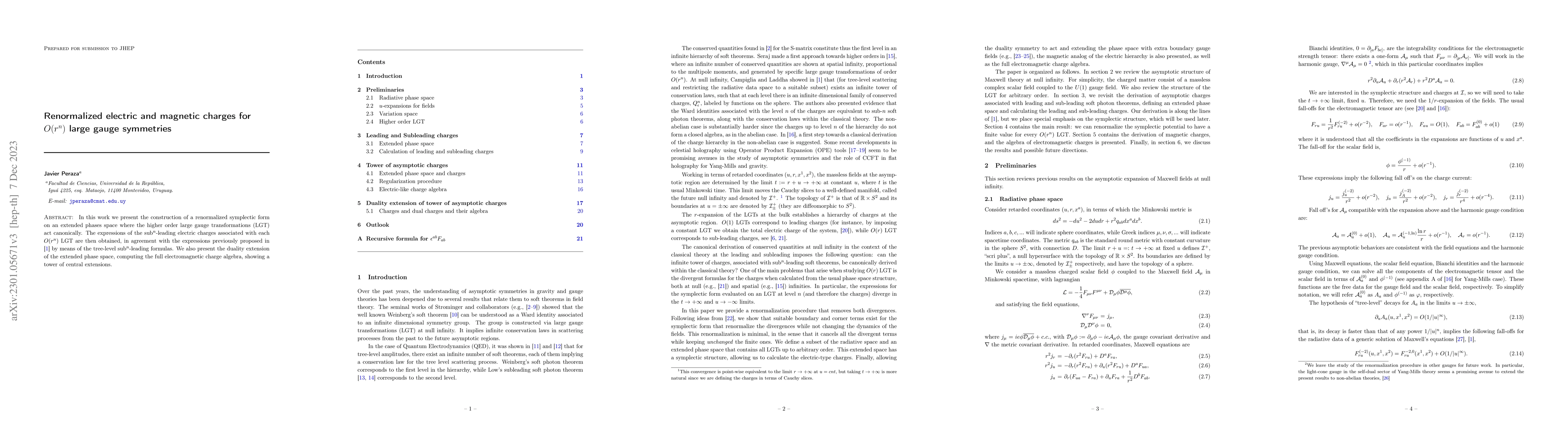 Thumbnail for Renormalized electric and magnetic charges for $O(r^n)$ large gauge
  symmetries