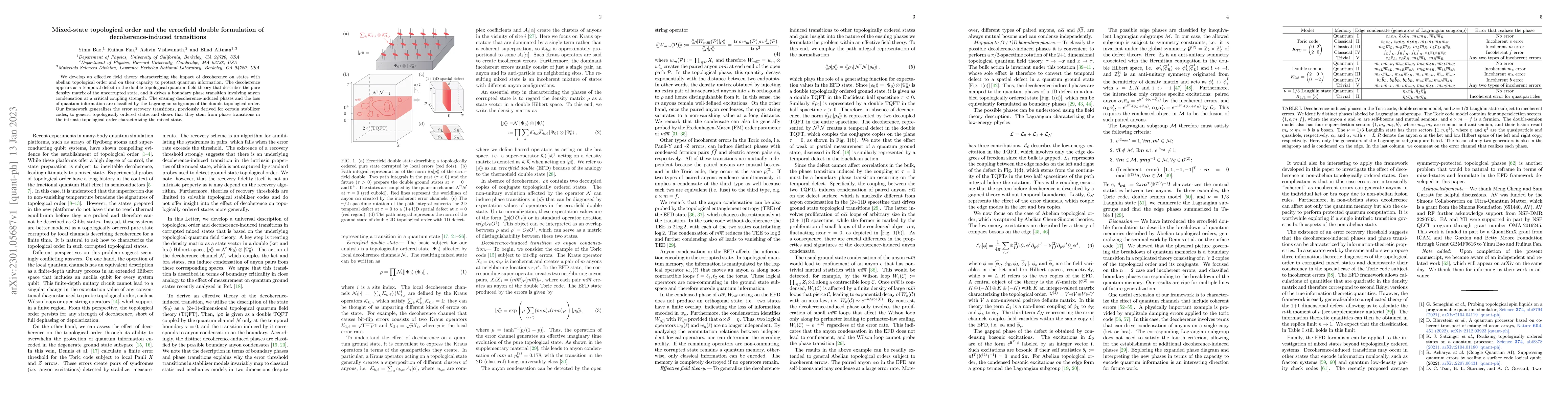 Thumbnail for Mixed-state topological order and the errorfield double formulation of
  decoherence-induced transitions
