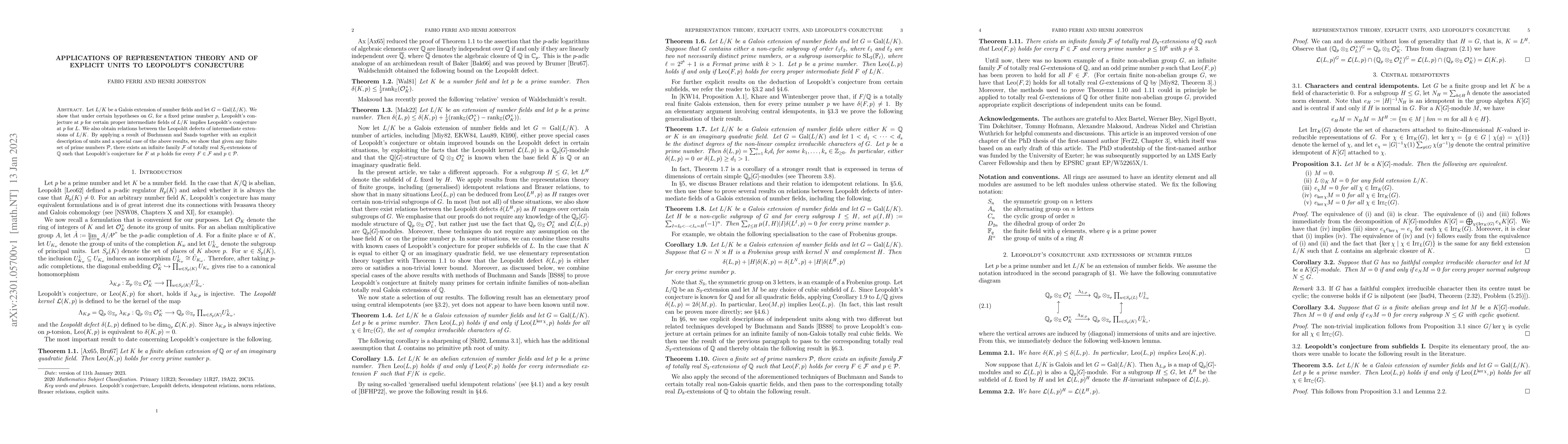 Thumbnail for Applications of representation theory and of explicit units to
  Leopoldt's conjecture