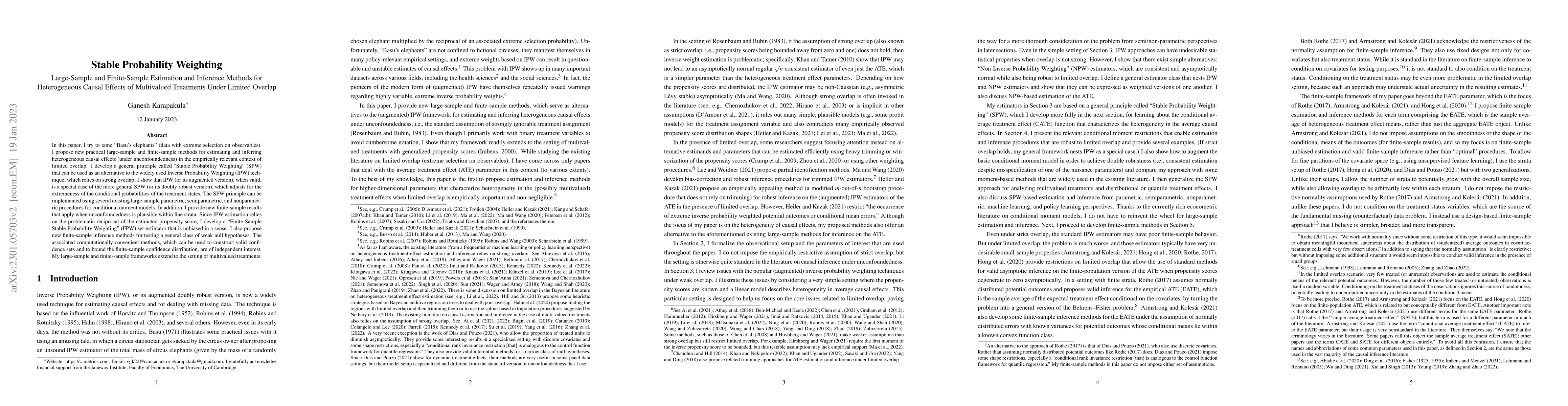 Thumbnail for Stable Probability Weighting: Large-Sample and Finite-Sample Estimation
  and Inference Methods for Heterogeneous Causal Effects of Multivalued
  Treatments Under Limited Overlap