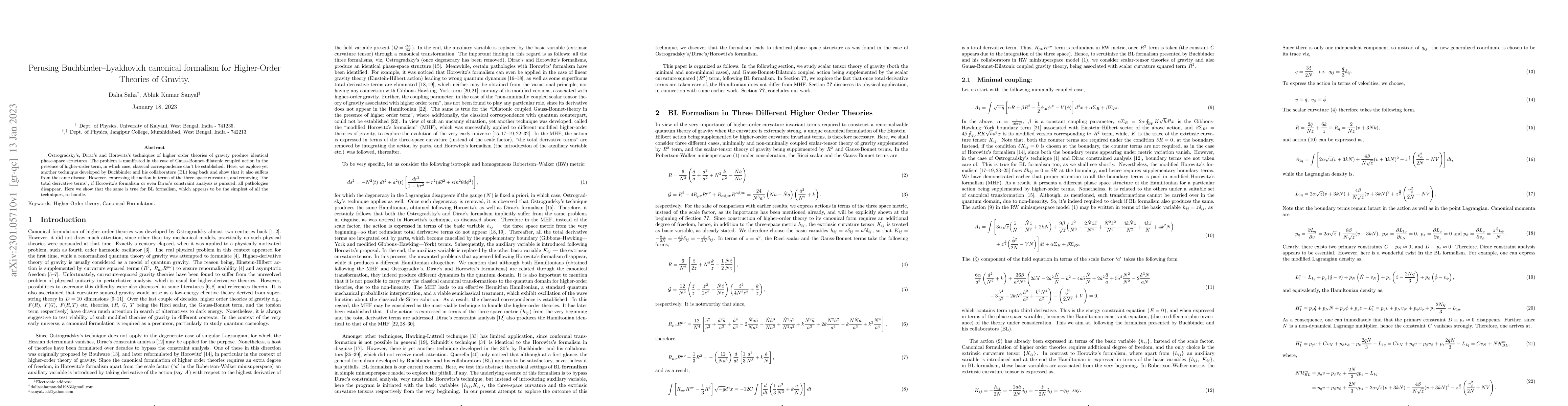 Thumbnail for Perusing Buchbinder--Lyakhovich canonical formalism for Higher-Order
  Theories of Gravity