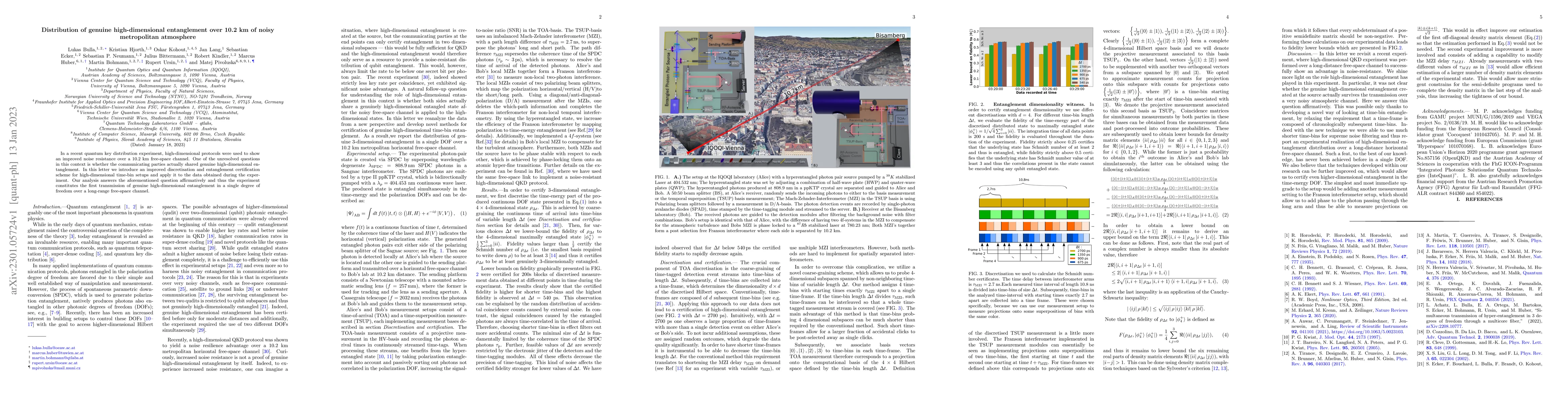 Thumbnail for Distribution of genuine high-dimensional entanglement over 10.2 km of
  noisy metropolitan atmosphere