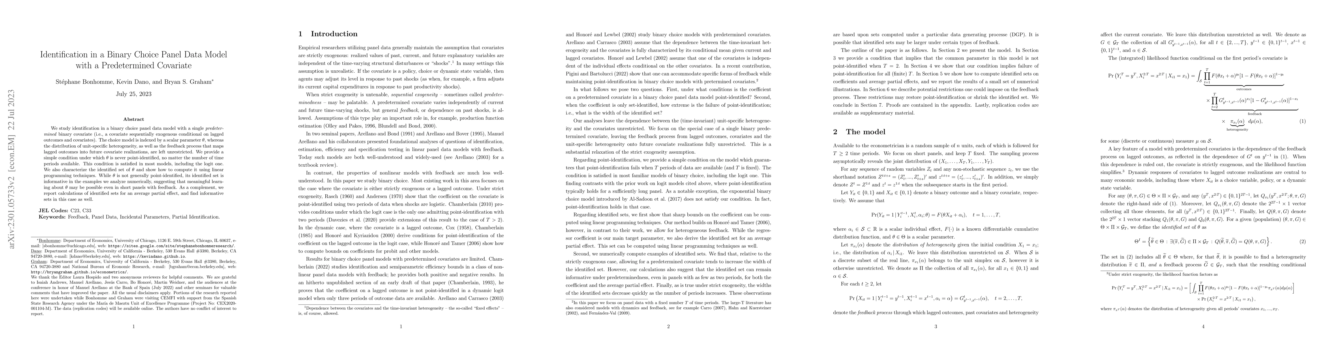 Thumbnail for Identification in a Binary Choice Panel Data Model with a Predetermined
  Covariate