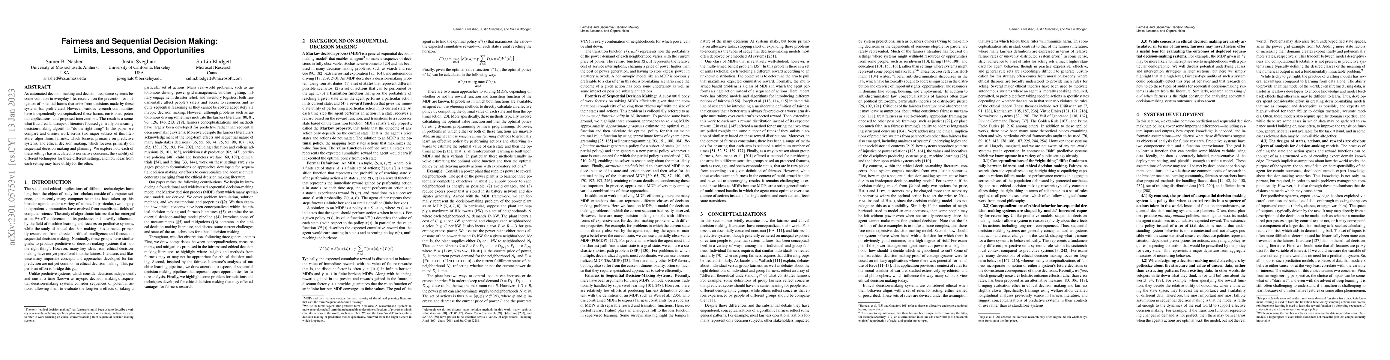 Thumbnail for Fairness and Sequential Decision Making: Limits, Lessons, and
  Opportunities