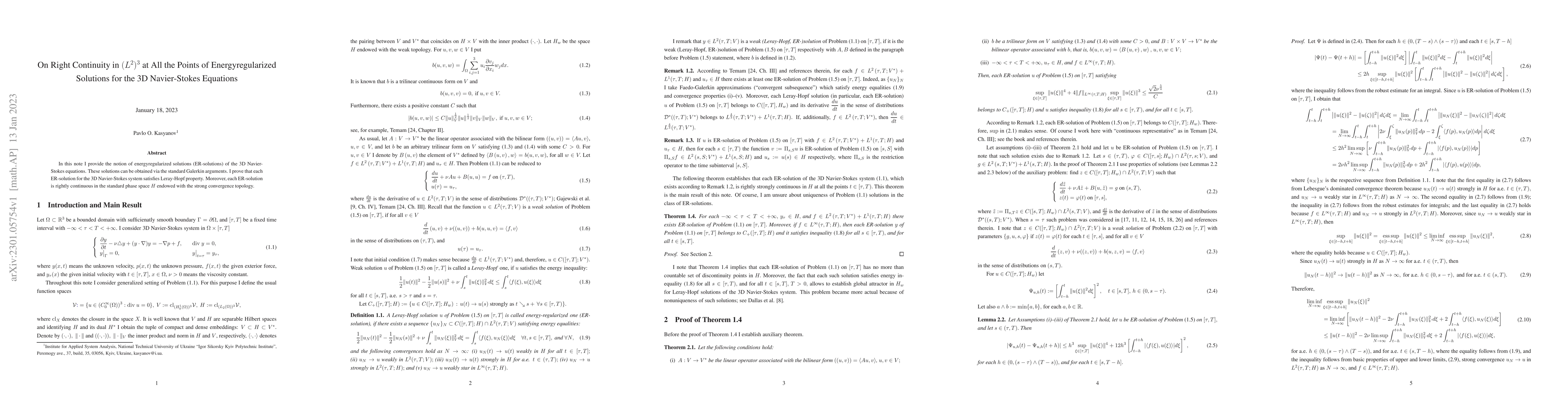 Thumbnail for On Right Continuity in $(L^2)^3$ at All the Points of Energy-regularized
  Solutions for the 3D Navier-Stokes Equations