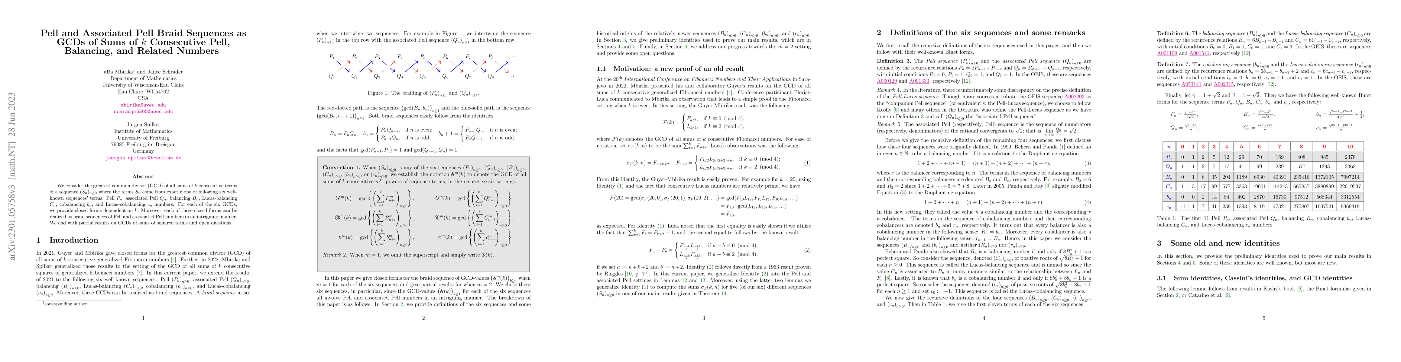 Thumbnail for Pell and associated Pell braid sequences as GCDs of sums of $k$
  consecutive Pell, balancing, and related numbers