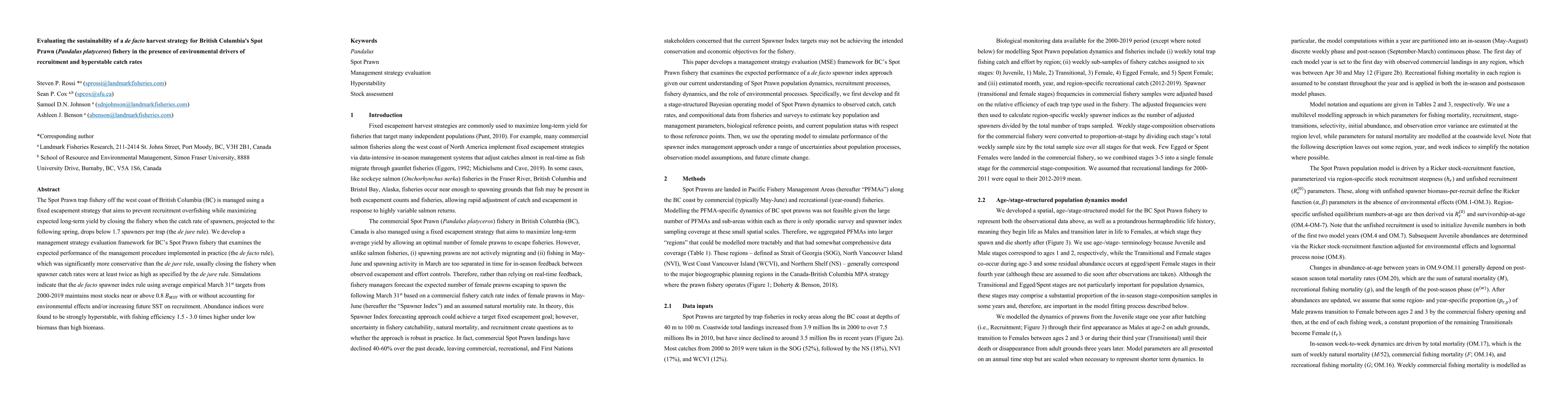 Thumbnail for Evaluating the sustainability of a de facto harvest strategy for British
  Columbia's Spot Prawn (Pandalus platyceros) fishery in the presence of
  environmental drivers of recruitment and hyperstable catch rates
