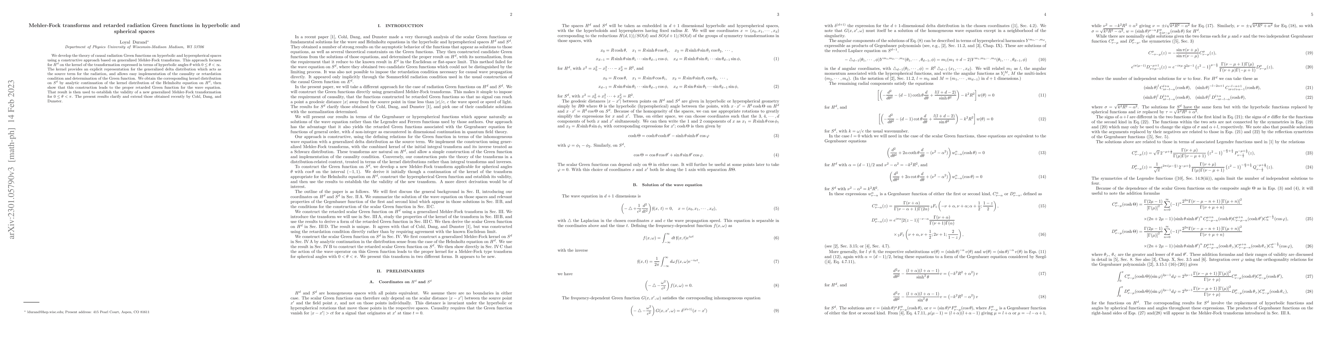 Thumbnail for Mehler-Fock transforms and retarded radiative Green functions on
  hyperbolic and spherical spaces