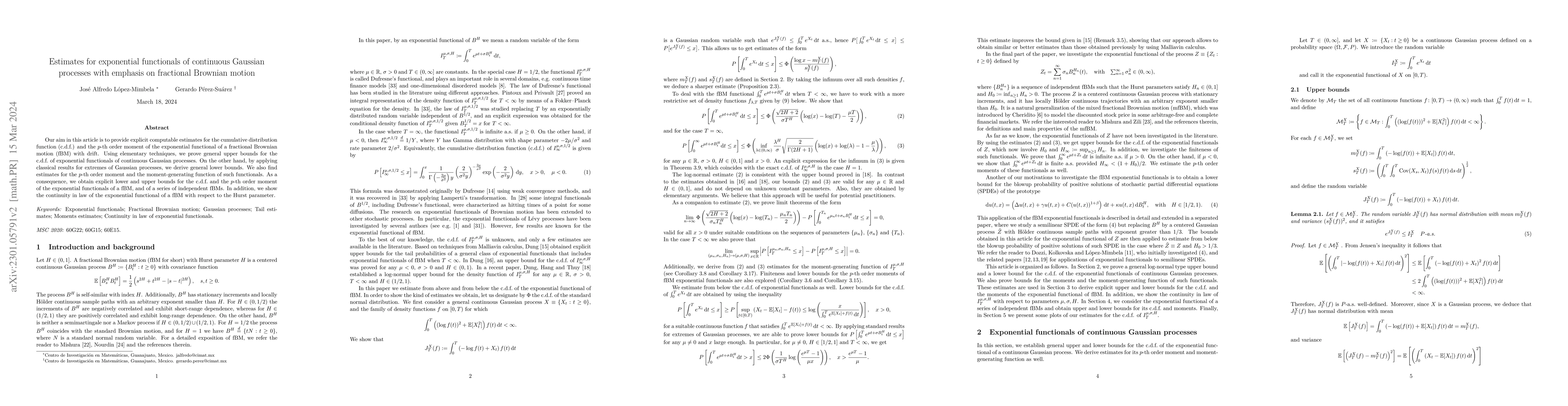 Thumbnail for Estimates for exponential functionals of continuous Gaussian processes
  with emphasis on fractional Brownian motion