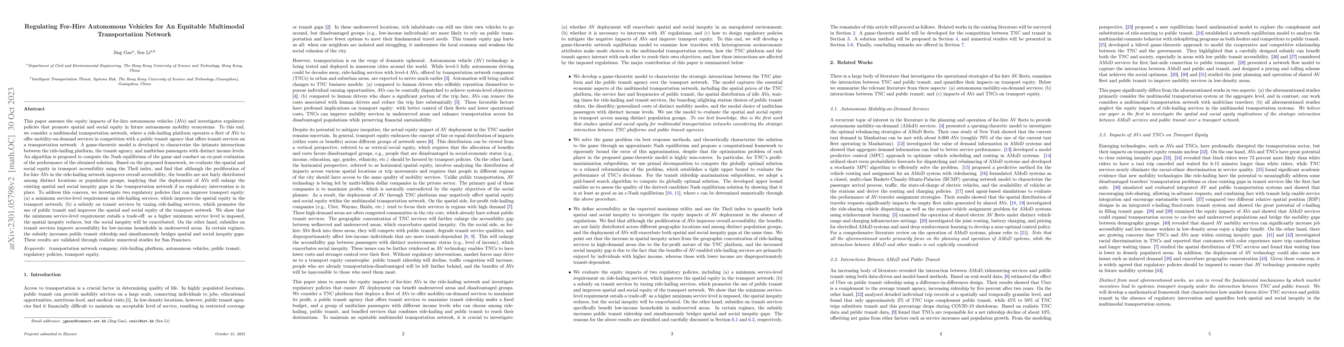 Thumbnail for Regulating For-Hire Autonomous Vehicles for An Equitable Multimodal
  Transportation Network