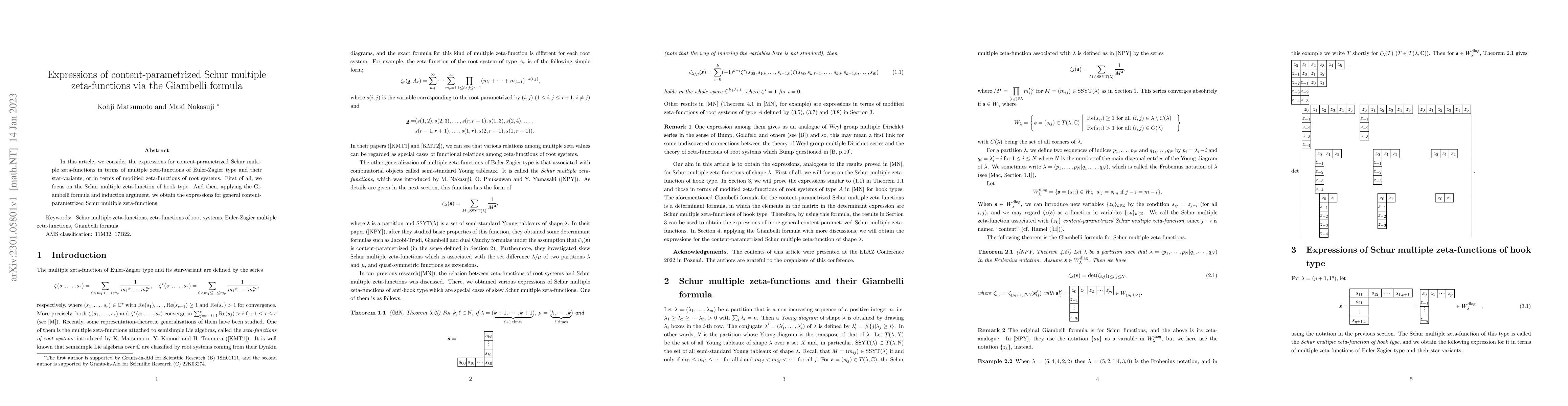 Thumbnail for Expressions of content-parametrized Schur multiple zeta-functions via
  the Giambelli formula