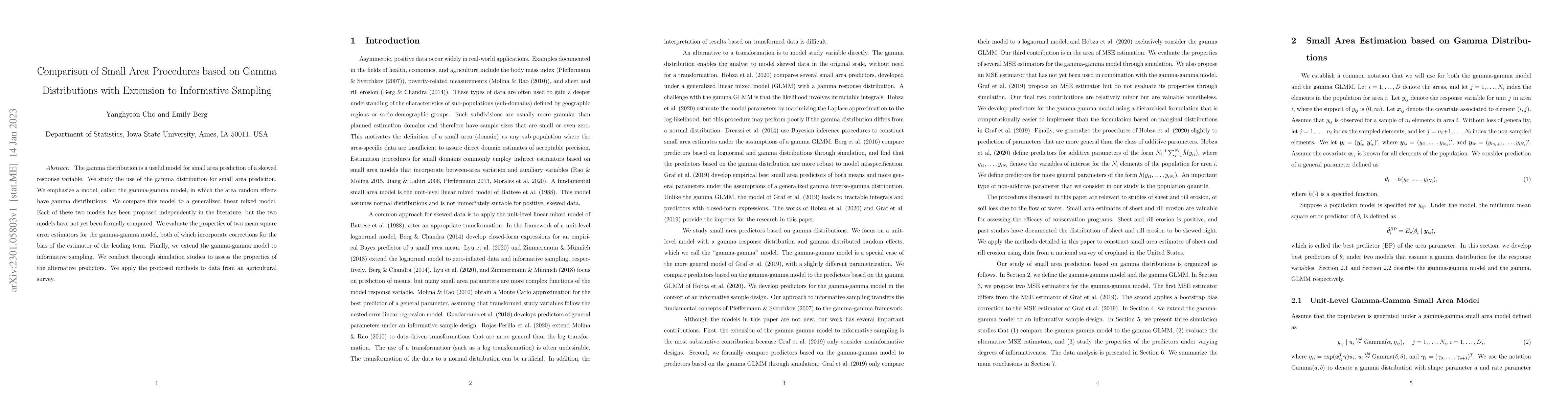 Thumbnail for Comparison of Small Area Procedures based on Gamma Distributions with
  Extension to Informative Sampling