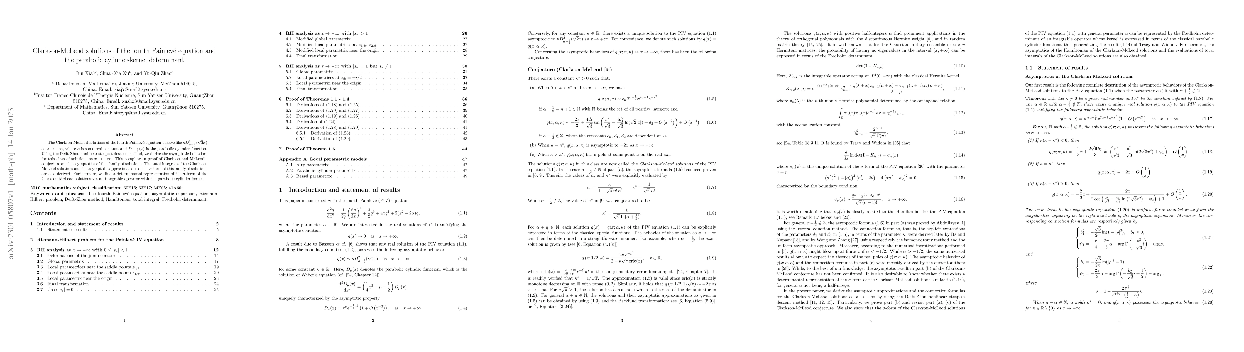 Thumbnail for Clarkson-McLeod solutions of the fourth Painlev\'e equation and the
  parabolic cylinder-kernel determinant