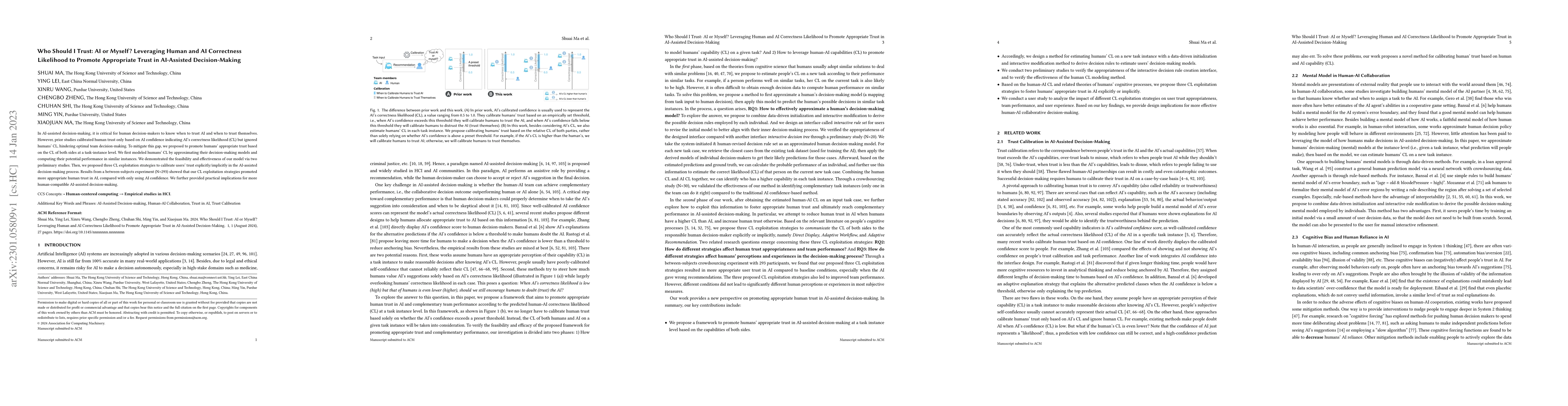 Thumbnail for Who Should I Trust: AI or Myself? Leveraging Human and AI Correctness
  Likelihood to Promote Appropriate Trust in AI-Assisted Decision-Making