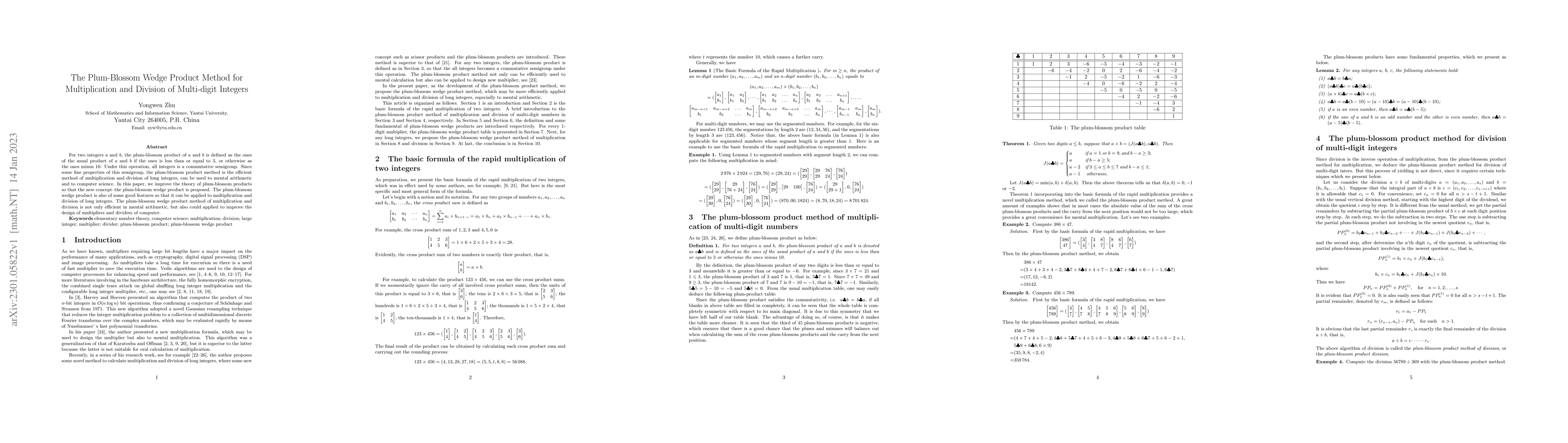 Thumbnail for The Plum-Blossom Wedge Product Method for Multiplication and Division of
  Multi-digit Integers